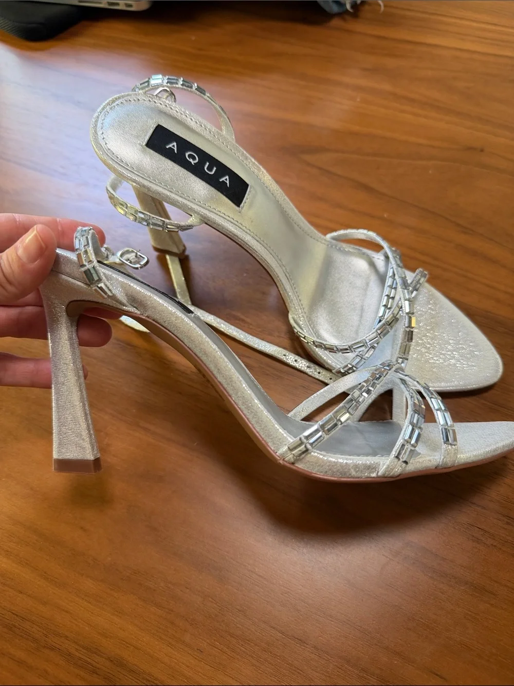 Aqua Silver Beaded Strappy Heels